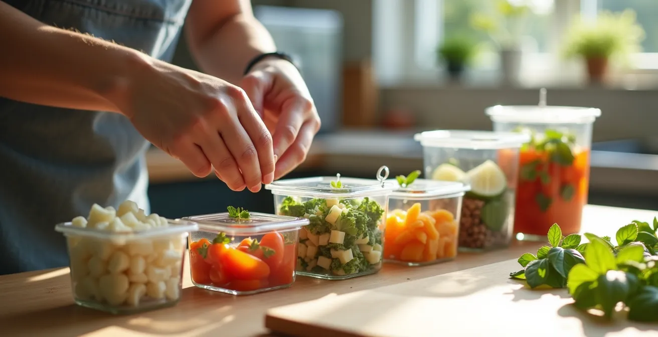 Übersichtliche Meal-Prep-Station mit vorbereiteten Mahlzeiten für fünf Arbeitstage