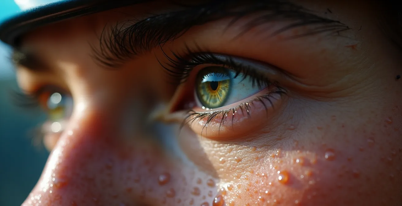 Nahaufnahme eines konzentrierten Radfahrergesichts mit Schweißperlen