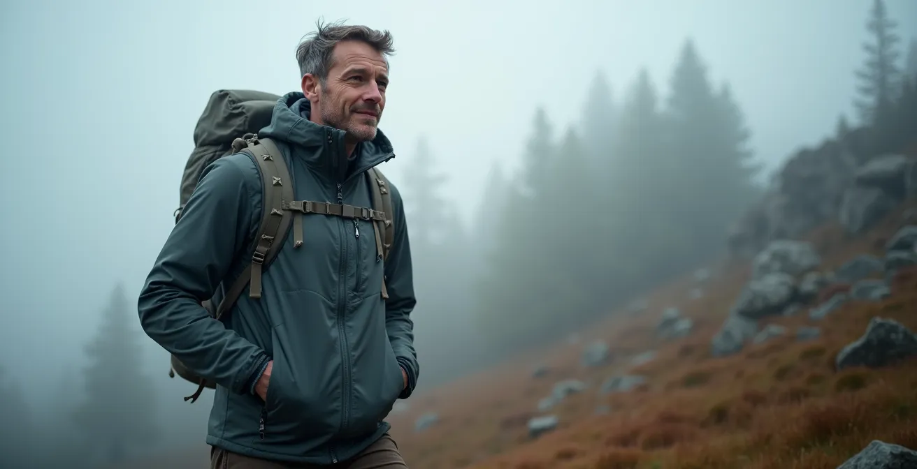 Darstellung des Zwiebelprinzips mit Merino-Baselayer und Synthetik-Midlayer bei einer Wanderung im nebligen Harz