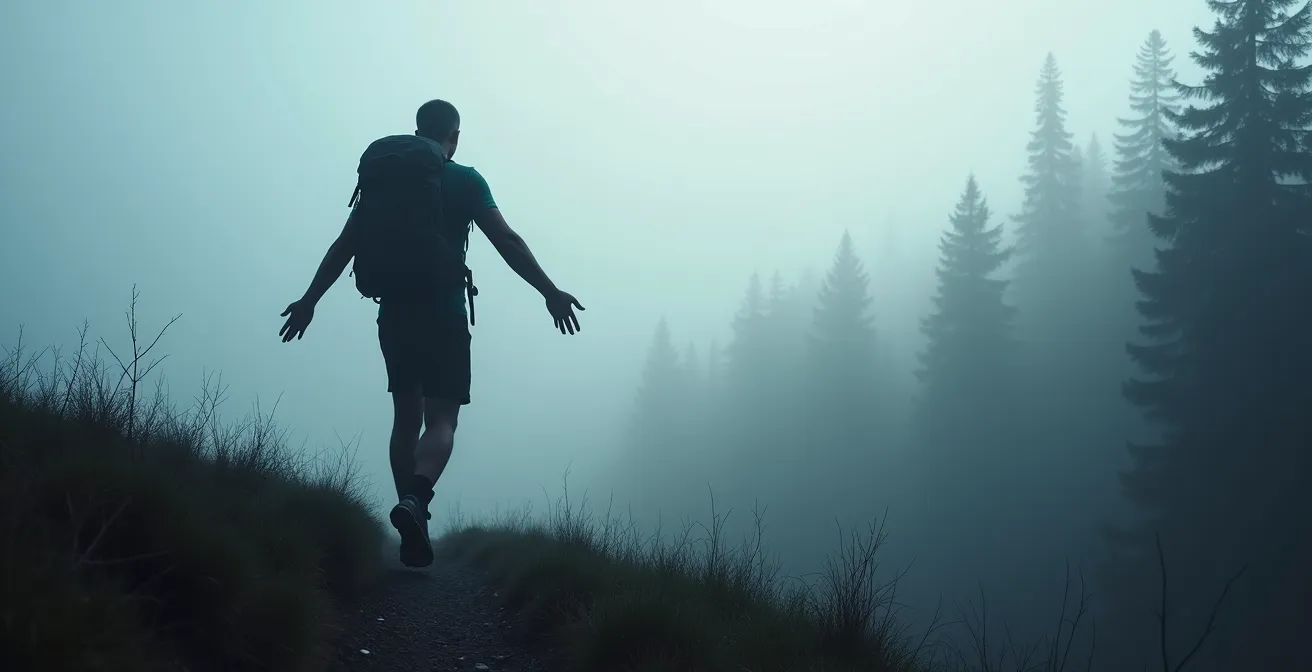 Ein Wanderer mit einem Body-Mapping Baselayer steht im nebligen Wald des Harzes, was den Vergleich von Merino und Synthetik symbolisiert.