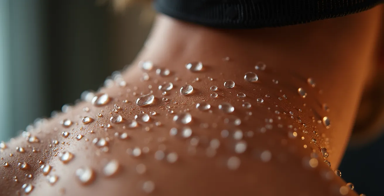 Makroaufnahme von Schweißperlen auf der Stirn einer Person mit VR-Brille während intensiver Bewegung