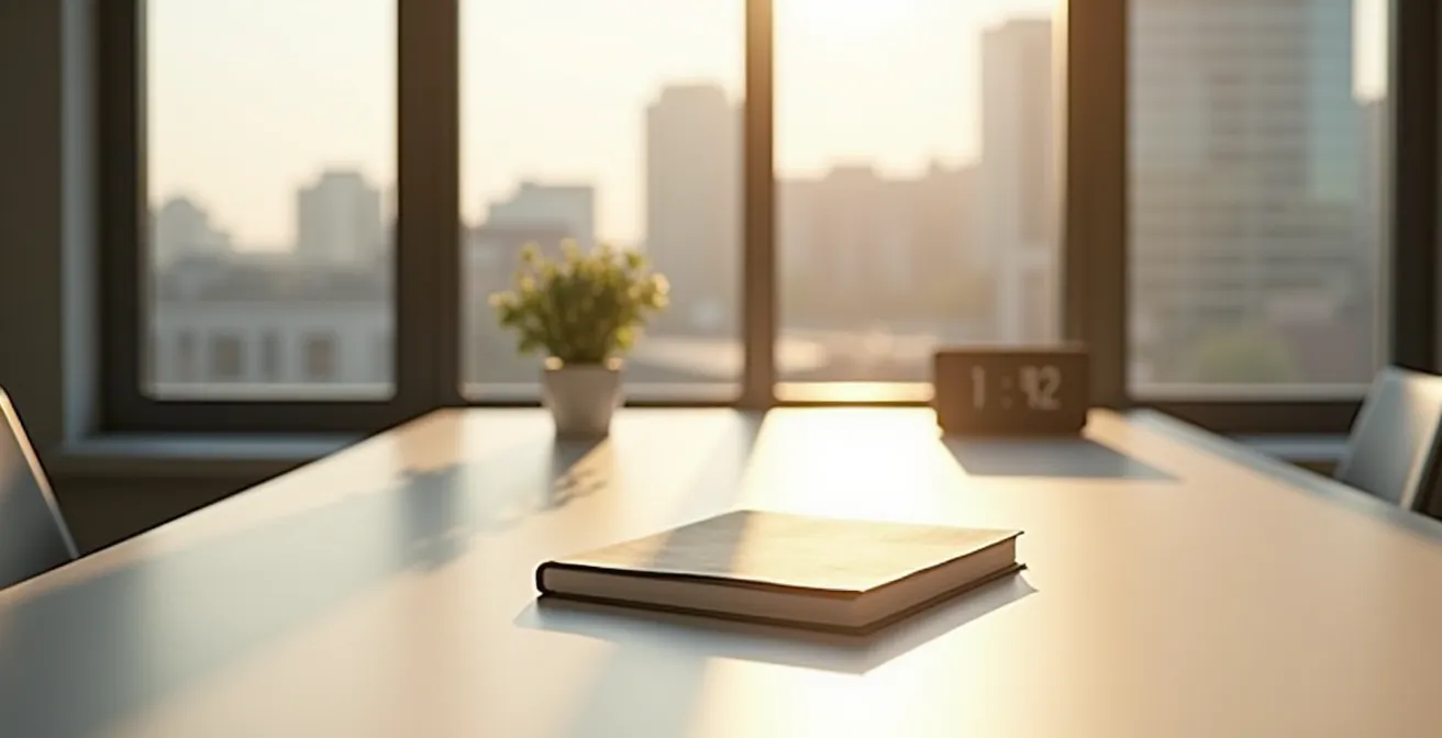 Aufgeräumter Arbeitsplatz im warmen Morgenlicht mit klaren Strukturen für fokussiertes Arbeiten