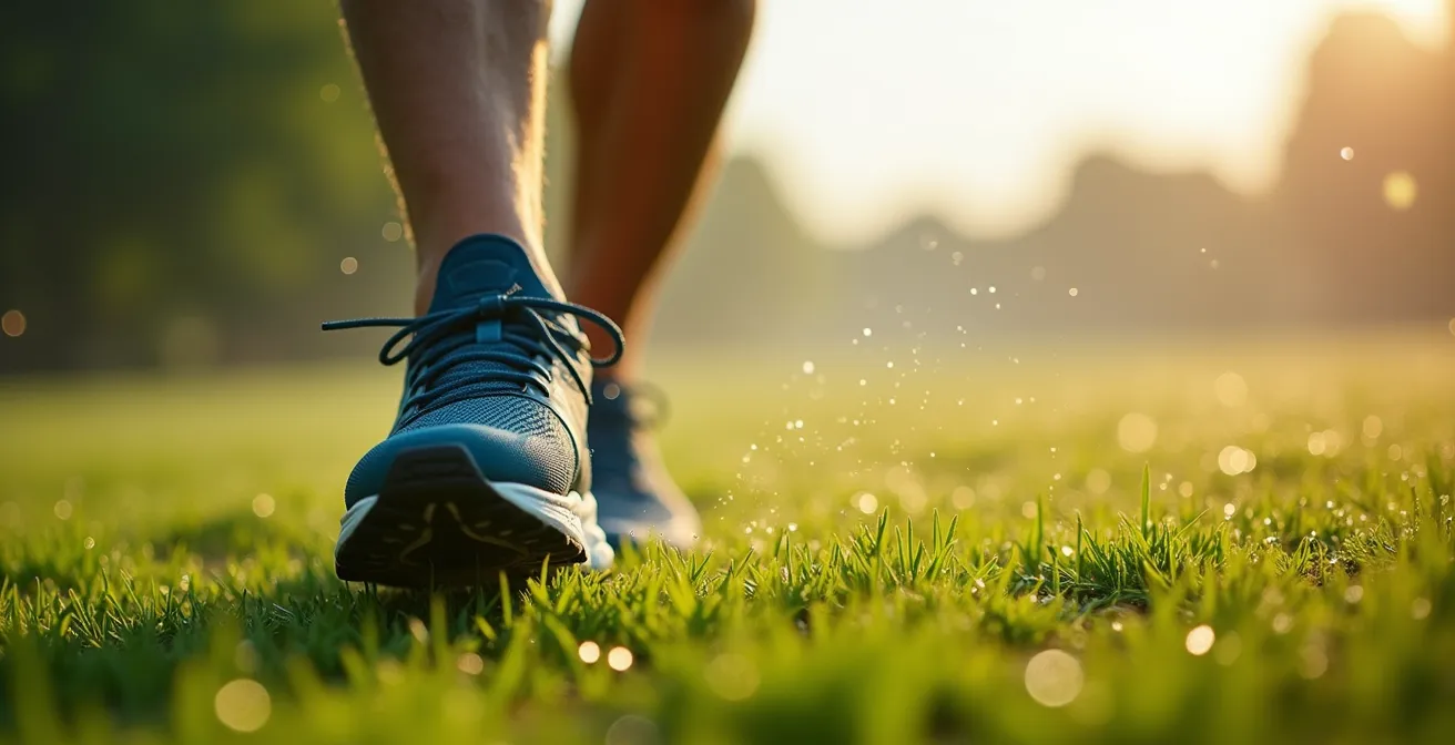 Ein Läufer im morgendlichen Englischen Garten in München, umgeben von Nebelschwaden, zur Bekämpfung des Jetlags.
