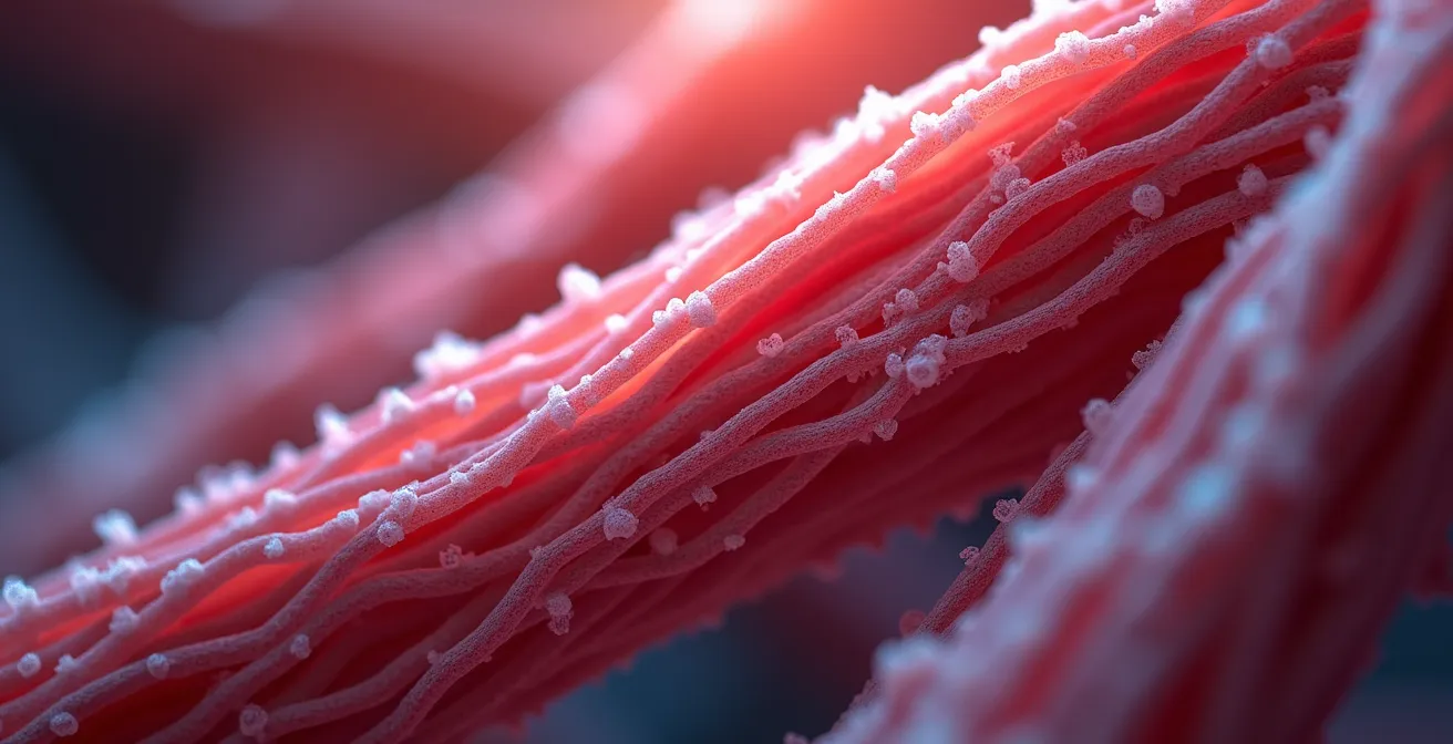 Makroaufnahme von Muskelfasern mit sichtbaren Myokin-Botenstoffen