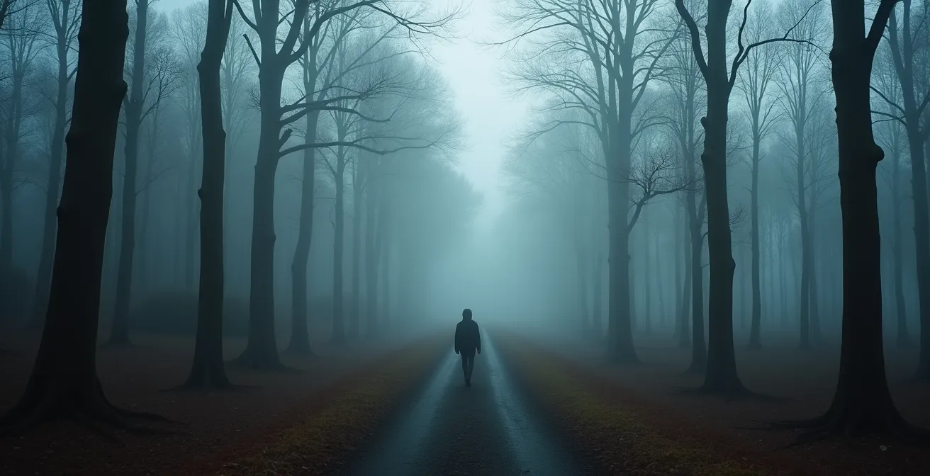 Morgennebel durchzieht einen stillen deutschen Buchenwald mit einzelnem Wanderer in der Ferne