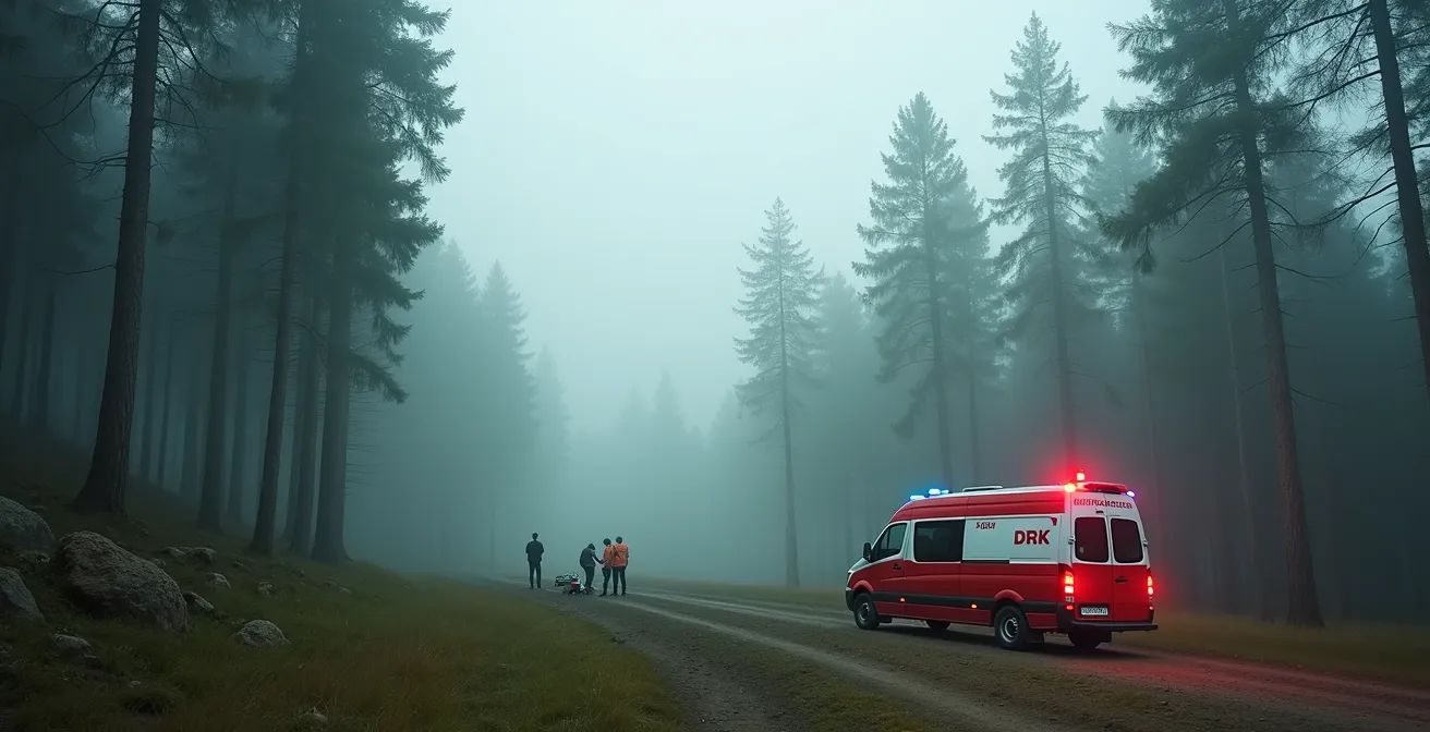 Rettungssanitäter prüft Notfalldaten auf seinem Tablet nach einem von einer Apple Watch ausgelösten Alarm auf einem Waldweg.
