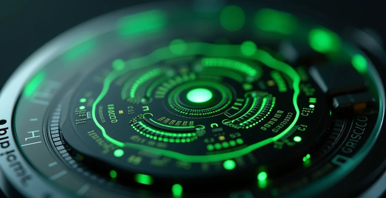 Makroaufnahme eines optischen Pulssensors mit grünen LEDs am Boden einer Smartwatch.