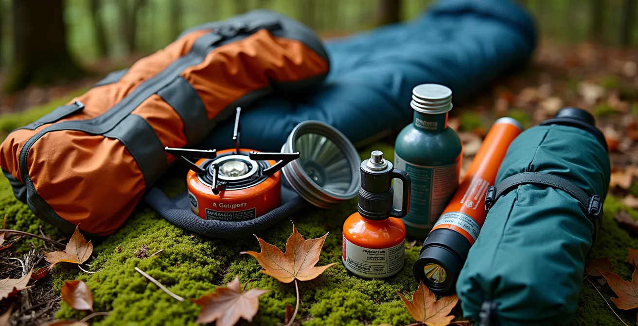 Makroaufnahme von essentieller Outdoor-Ausrüstung auf Waldboden arrangiert