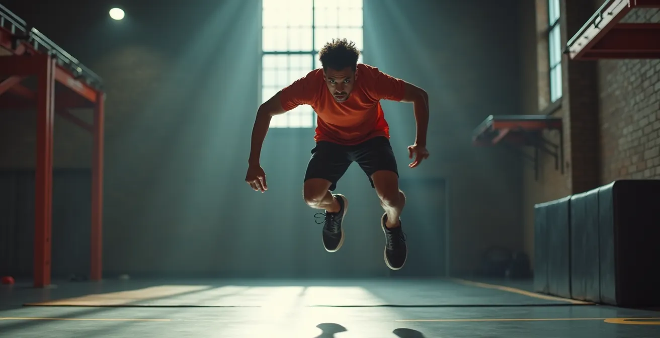 Parkour-Athlet trainiert sicher in einer Halle mit Matten und professioneller Ausrüstung.