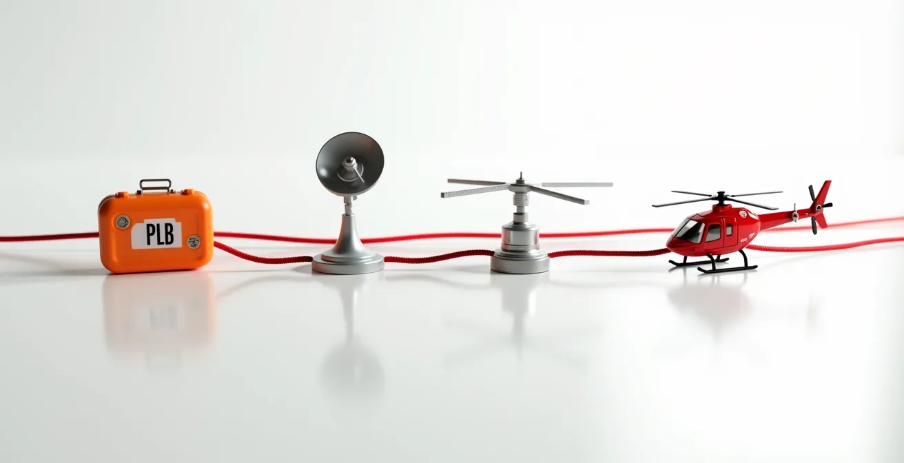 Schematische Darstellung der PLB-Rettungskette vom Gerät über Satelliten bis zur lokalen Bergwacht