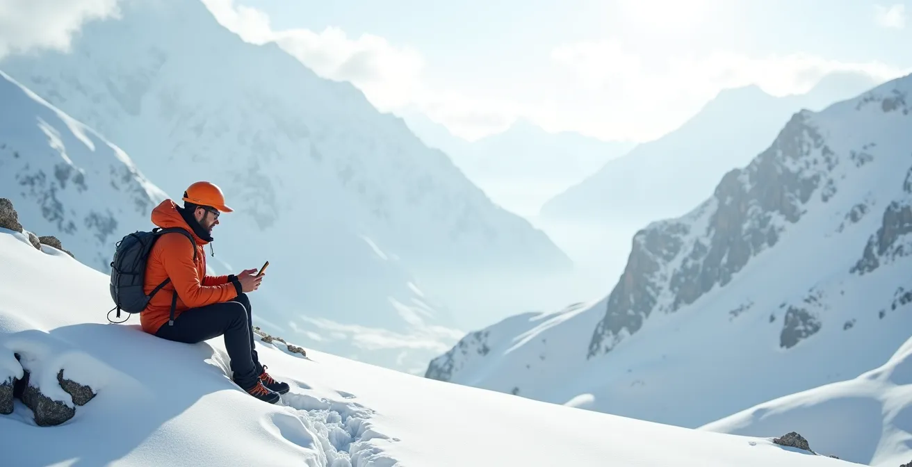 Weitwinkelaufnahme eines Wanderers mit Powerbank in verschneiter Berglandschaft