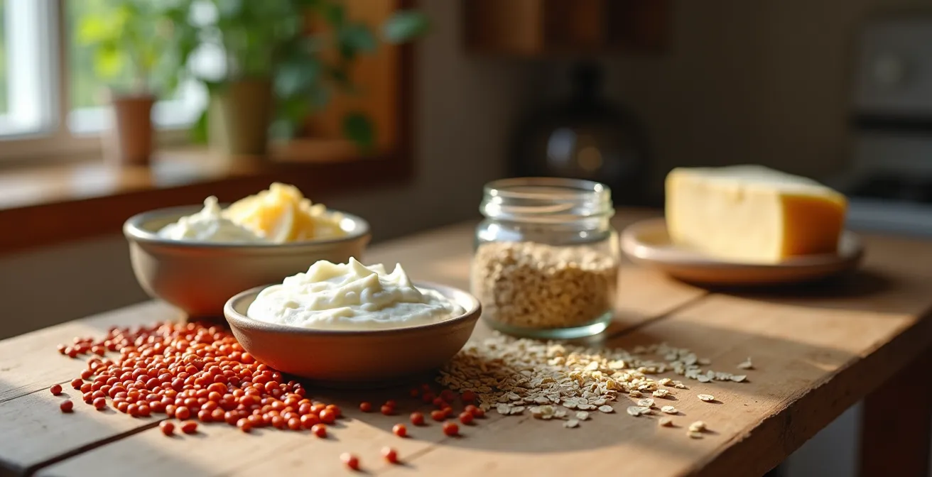 Arrangement verschiedener proteinreicher Lebensmittel wie Magerquark, Harzer Käse und Linsen auf einem rustikalen Holztisch.