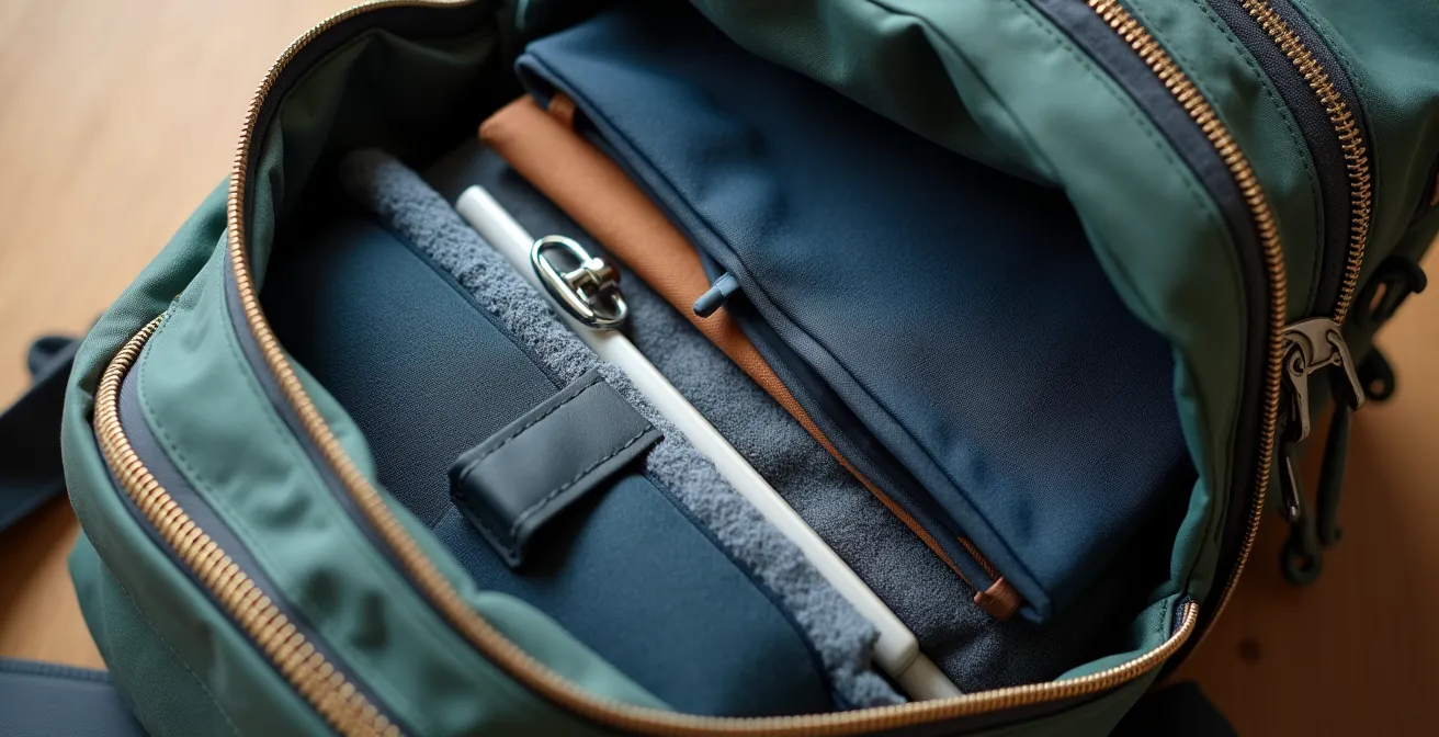 Detailaufnahme eines organisierten Rucksacks mit Outdoor- und Büroausrüstung