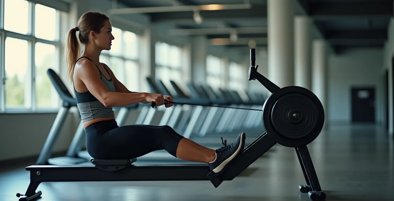Seitenansicht von Sportlerin auf Rudergerät mit sichtbaren Muskelgruppen
