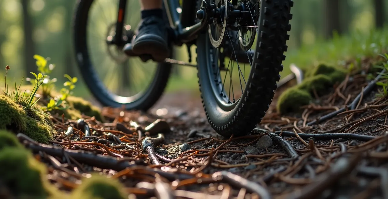 Detailaufnahme eines technisch anspruchsvollen Trails mit Wurzeln und Steinen, der die Herausforderung der S-Skala verdeutlicht