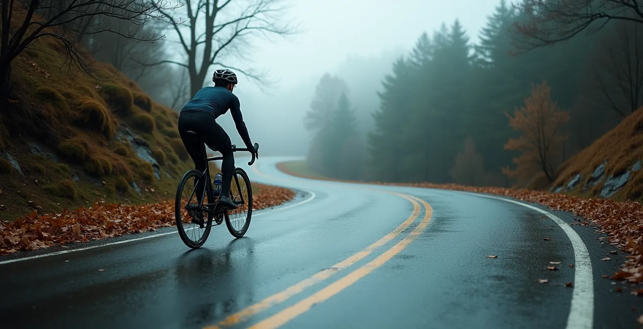 Rennradfahrer bremst mit Scheibenbremsen auf nasser Serpentinenstraße im Mittelgebirge