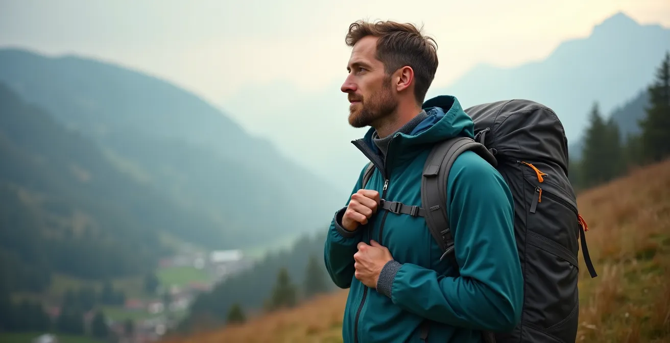Schichtensystem beim Wandern mit verschiedenen Kleidungslagen, das einen Wanderer beim Anpassen seiner Schichten zeigt.