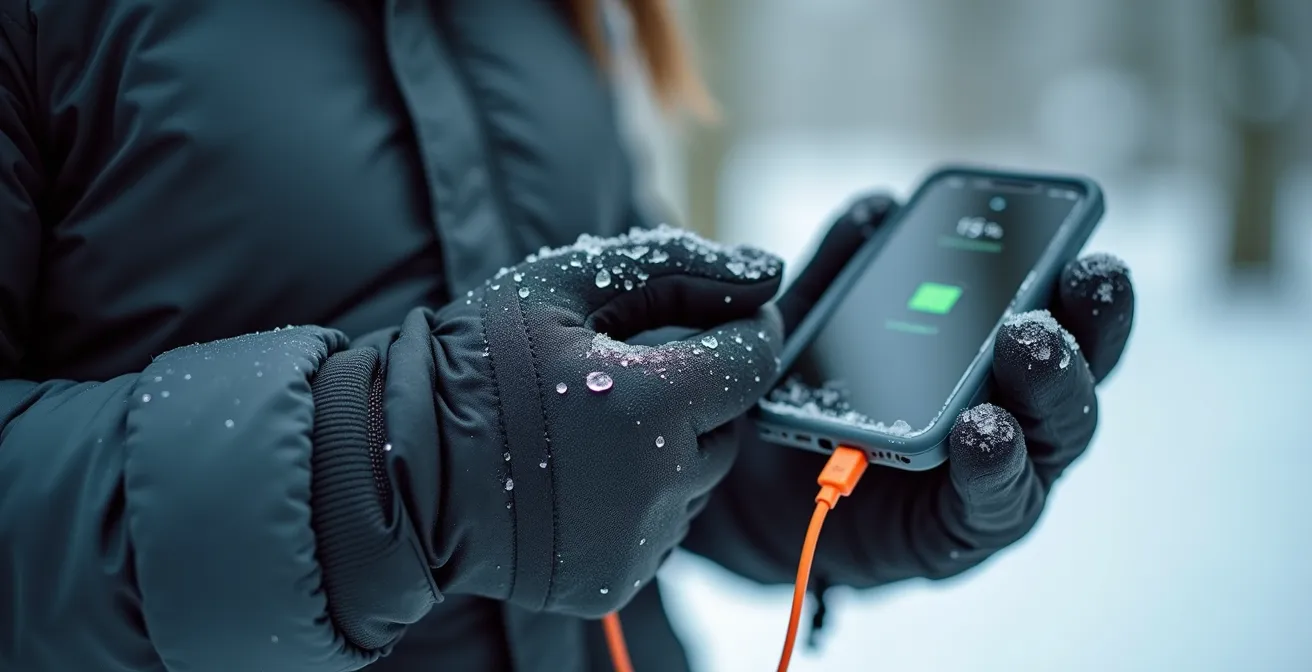 Nahaufnahme von Händen in Winterhandschuhen mit Smartphone und Powerbank in verschneiter Umgebung