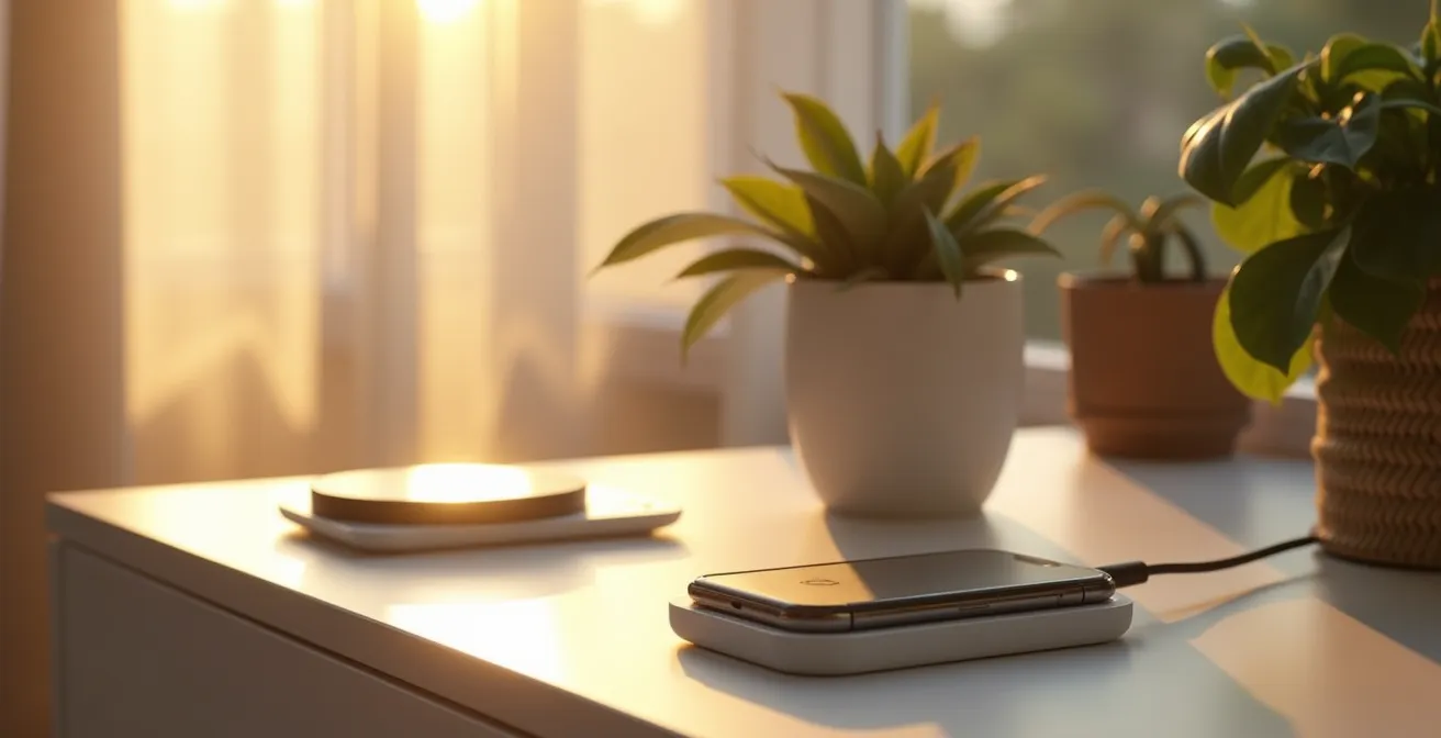 Minimalistische Aufnahme von zwei verschiedenen Smartwatch-Ladestationen auf einem Nachttisch bei Sonnenaufgang.