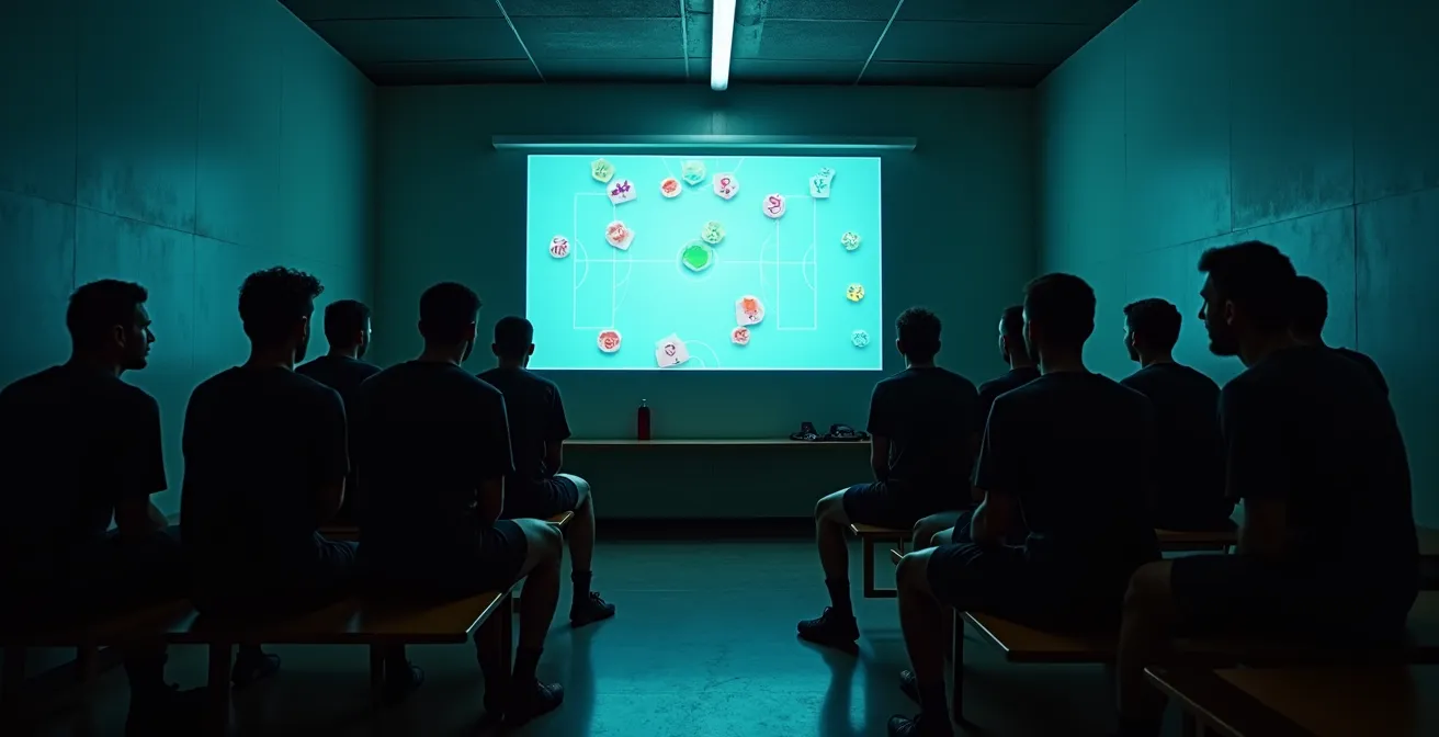 Fußballspieler betrachten sich selbst auf Videoanalyse während Teambesprechung