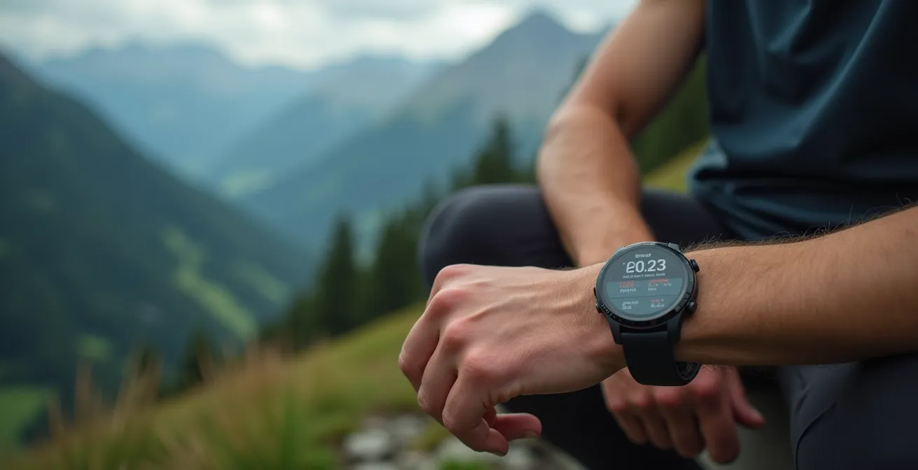 Sportler mit Smartwatch bei SpO2-Messung in den bayerischen Alpen