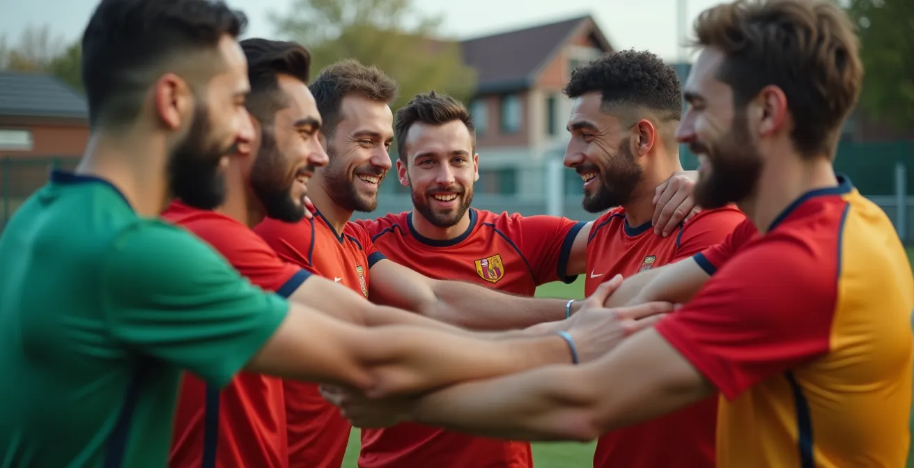 Gemeinschaftliche Trainingsszene im deutschen Amateurfußballverein, die den Teamgeist und die soziale Integration symbolisiert