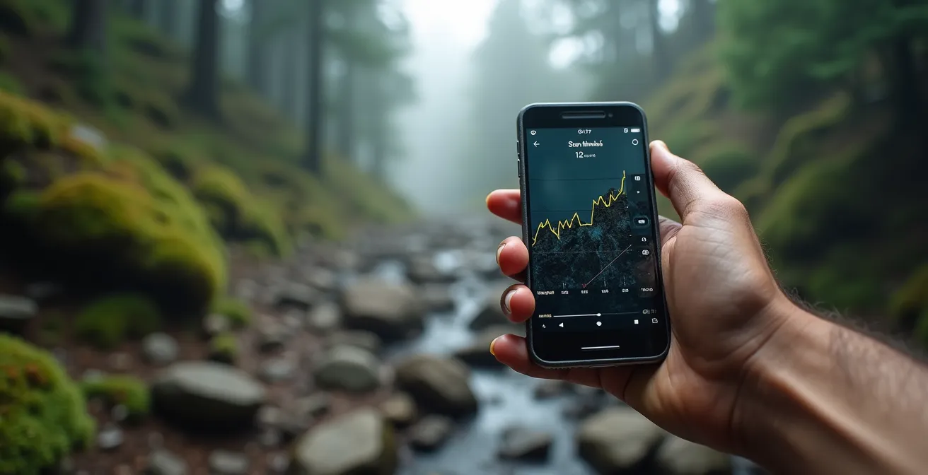 Makroaufnahme einer Hand mit Smartphone zeigt steiles Höhenprofil vor unscharfem Bergpfad