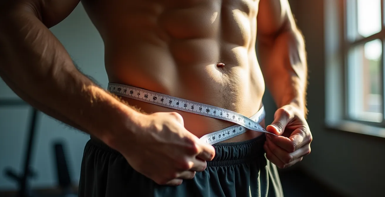 Athlet misst seinen Taillenumfang mit Maßband für WHtR-Berechnung
