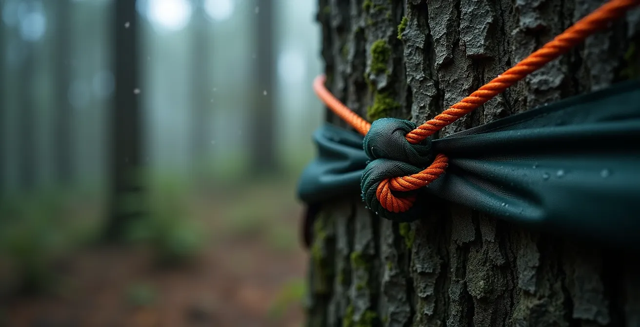 Detailaufnahme eines sturmsicher gespannten Tarps zwischen Buchen mit professioneller Abspannung