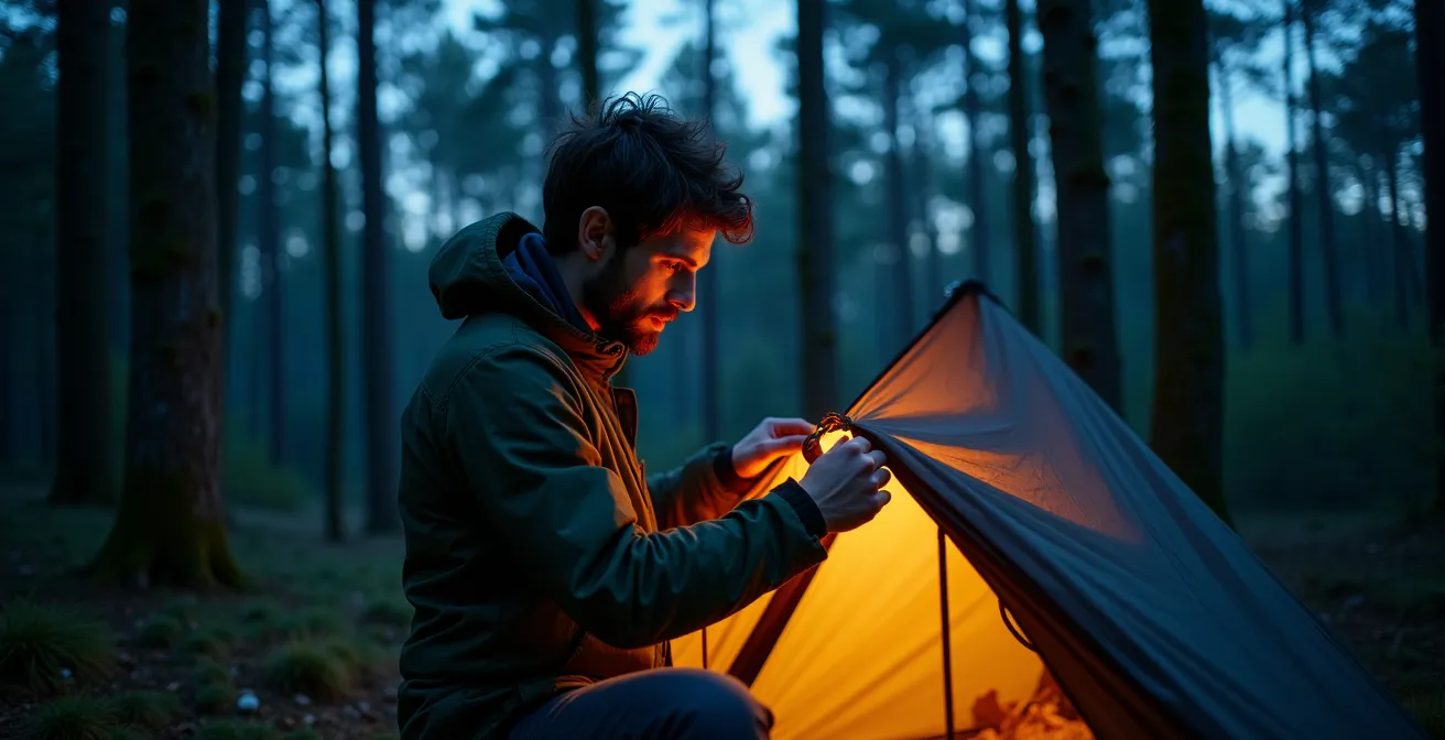 Professionell aufgebautes Tarp zwischen Bäumen in deutschem Mischwald