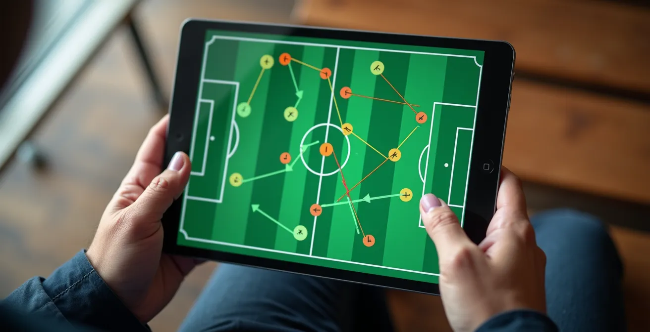 Nahaufnahme eines Tablets mit taktischen Linien und Bewegungspfeilen auf Fußballfeld