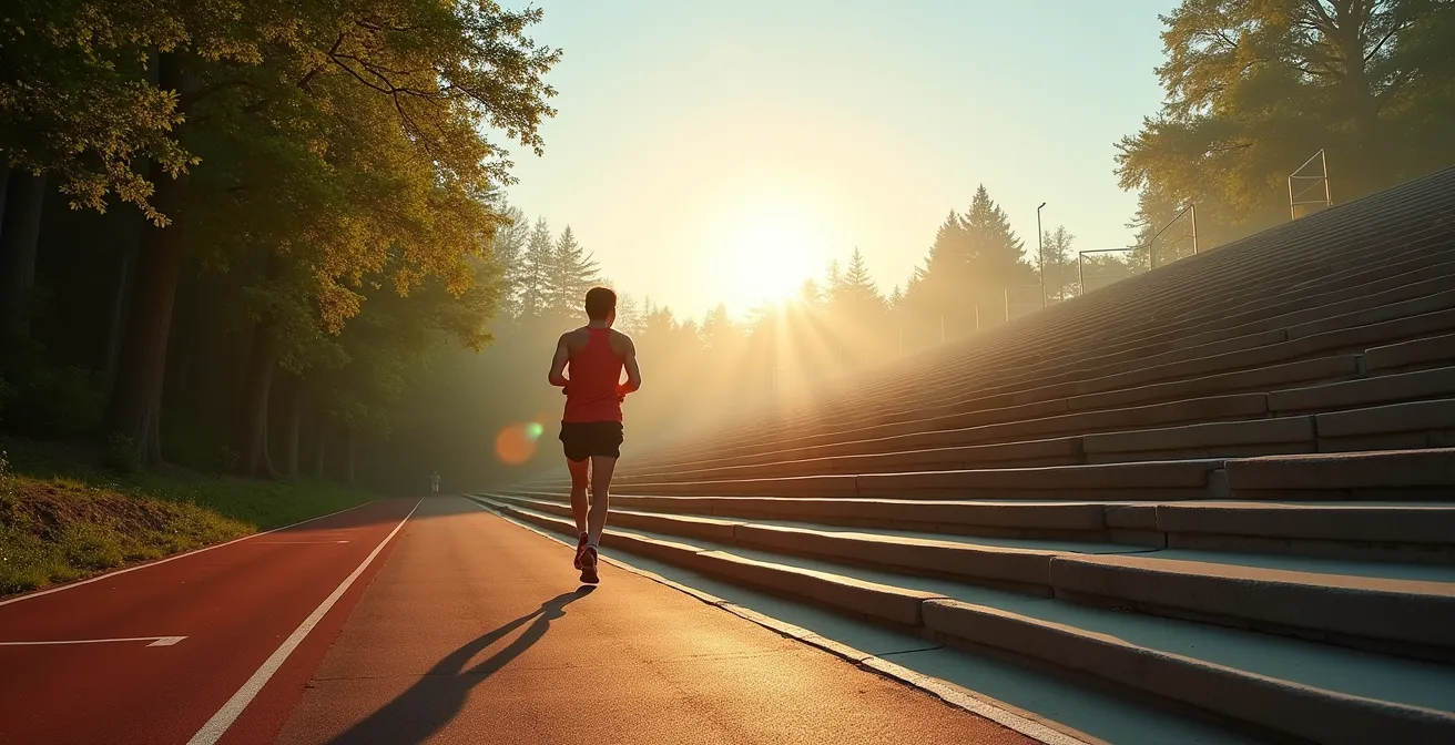 Ein Läufer, der sein Training durch den Wechsel zwischen Waldweg, städtischen Treppen und einer Tartanbahn variiert, um Plateaus zu durchbrechen.
