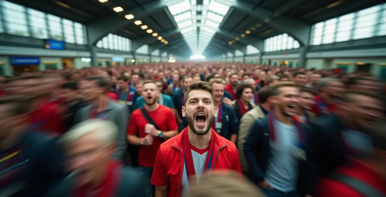 Überfüllter deutscher Hauptbahnhof mit Fußballfans in Bewegung