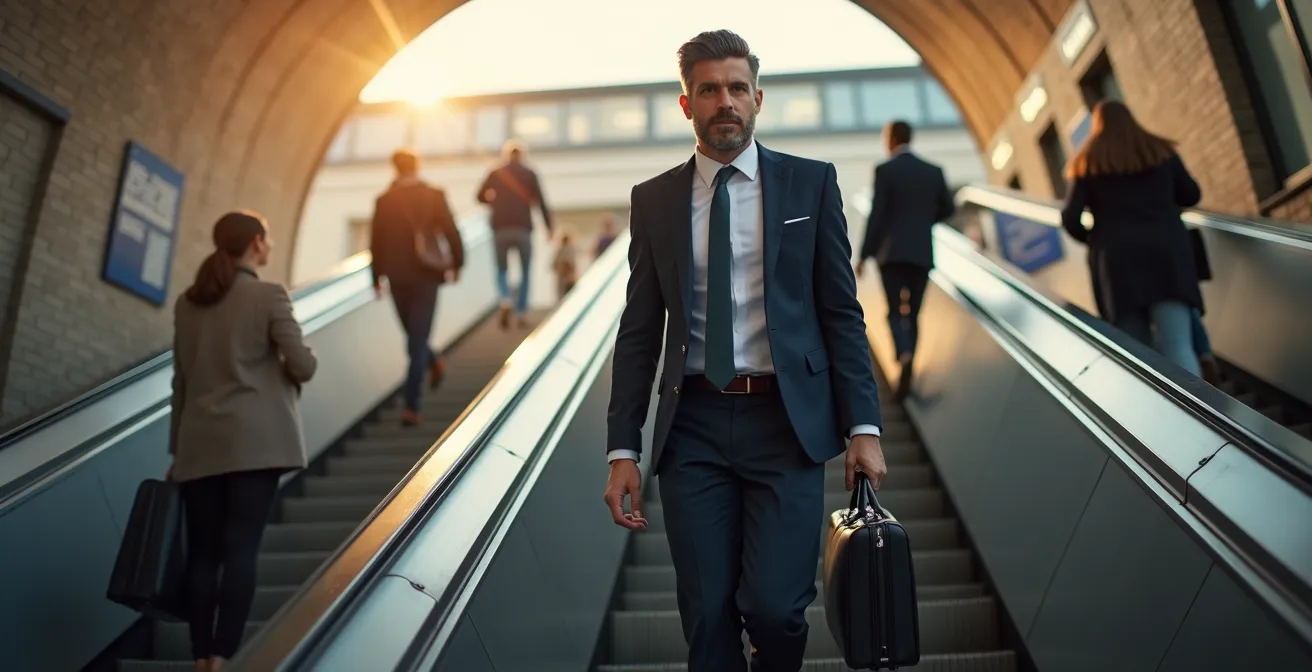 Geschäftsperson steigt zügig Bahnhofstreppen hinauf während andere die Rolltreppe nutzen