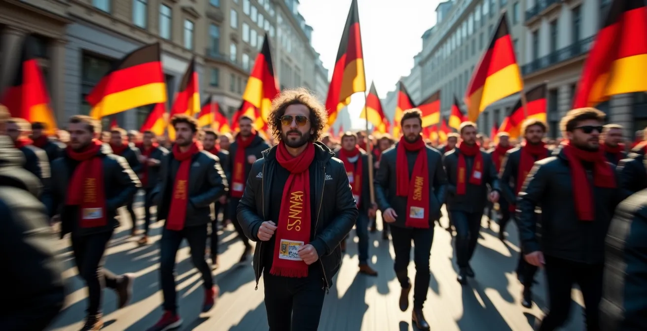 Fanmarsch durch deutsche Stadtstraße mit Gruppe von Ultras in Bewegung