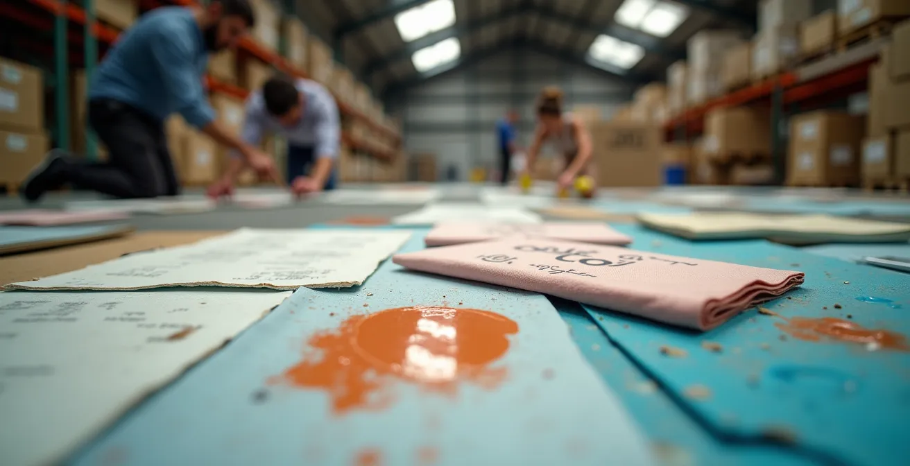 Große Lagerhalle mit ausgebreiteten Choreografie-Materialien und Stoffbahnen
