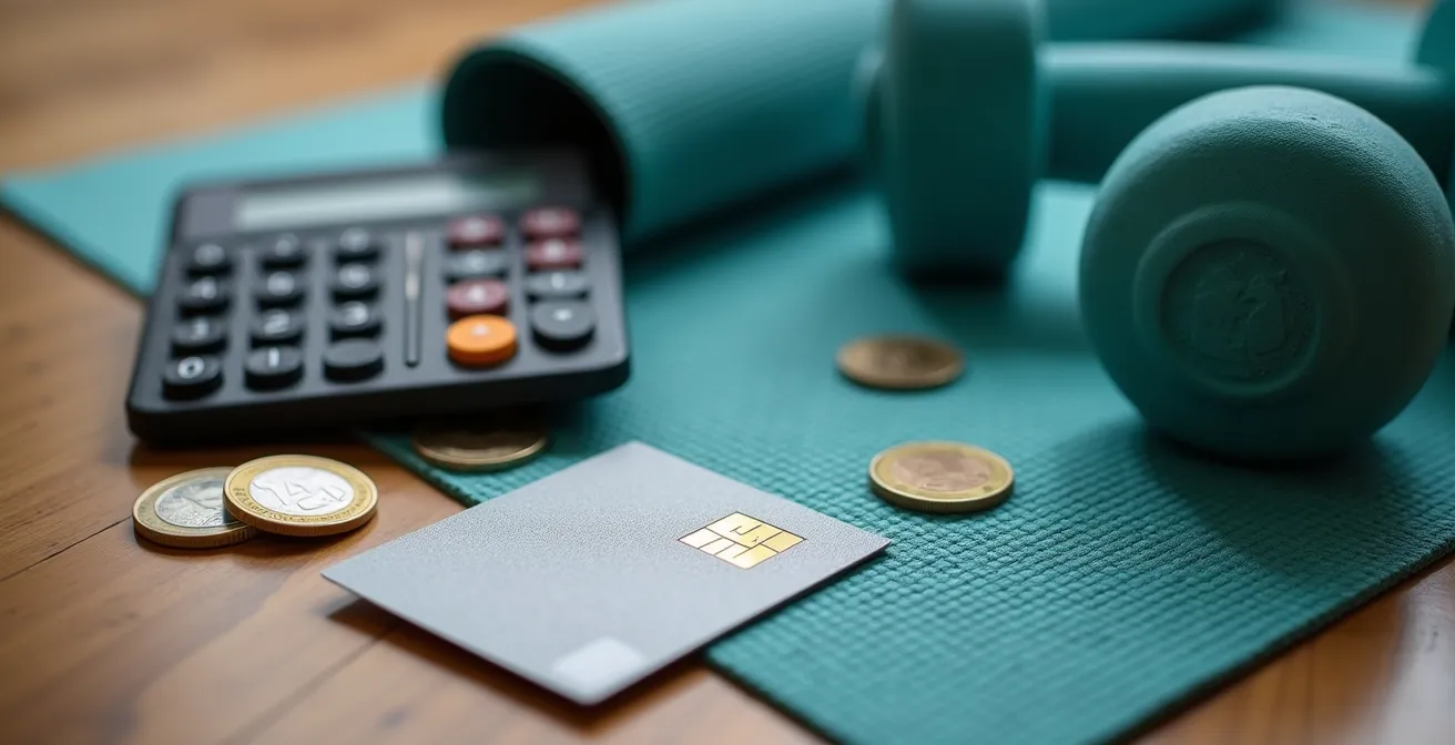Nahaufnahme von Fitness-Equipment zu Hause neben einem Taschenrechner und Mitgliedskarten