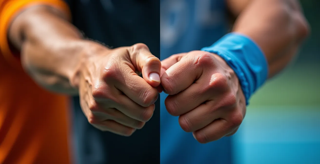 Detailaufnahme von Handballspieler-Händen beim Wurf und Volleyballspieler beim Block
