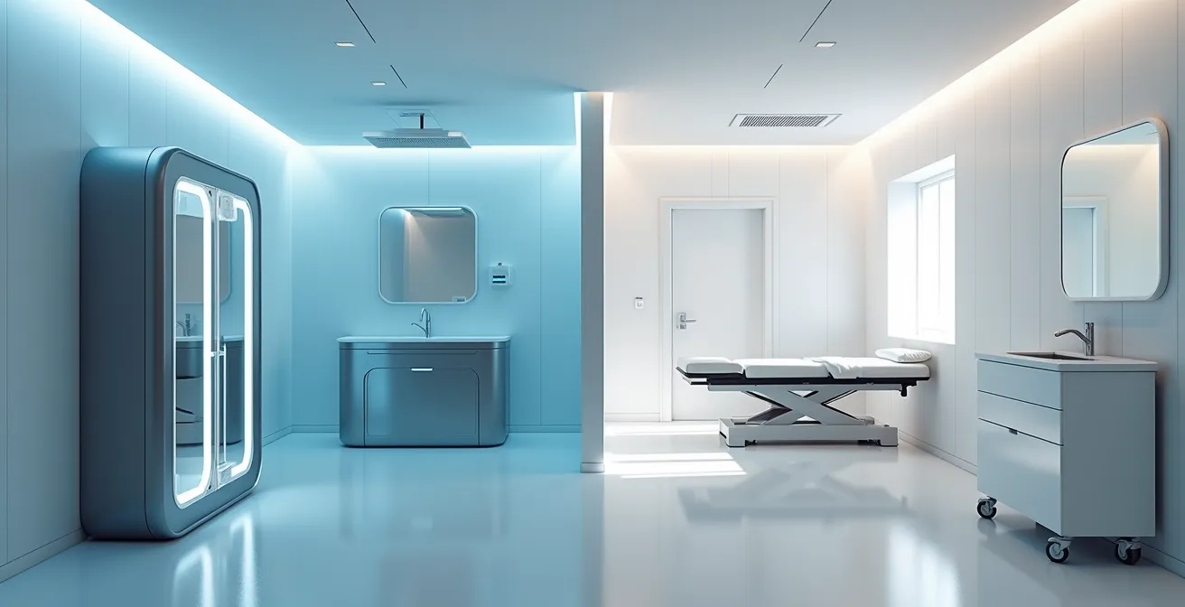 Moderne Regenerationseinrichtung mit High-Tech-Ausrüstung im Kontrast zu einfacher Behandlungsliege