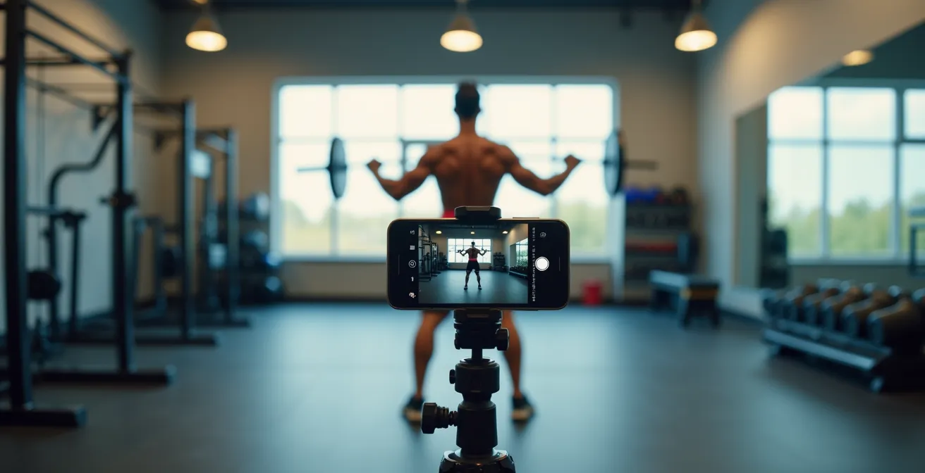 Trainierender filmt seine Kniebeugen-Technik mit Smartphone im deutschen Fitnessstudio