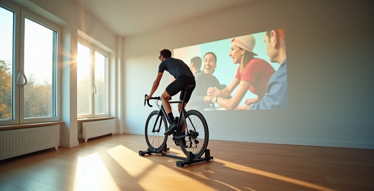 Weitwinkelaufnahme eines minimalistischen Wohnzimmers mit Person auf Smarttrainer, umgeben von subtilen Lichtreflexionen die virtuelle Mitfahrer andeuten