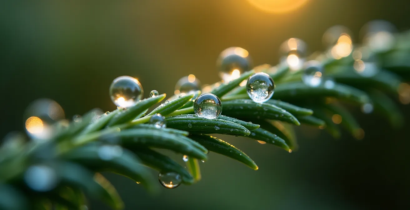 Makroaufnahme von Baumnadeln mit sichtbaren ätherischen Ölen in Morgentau