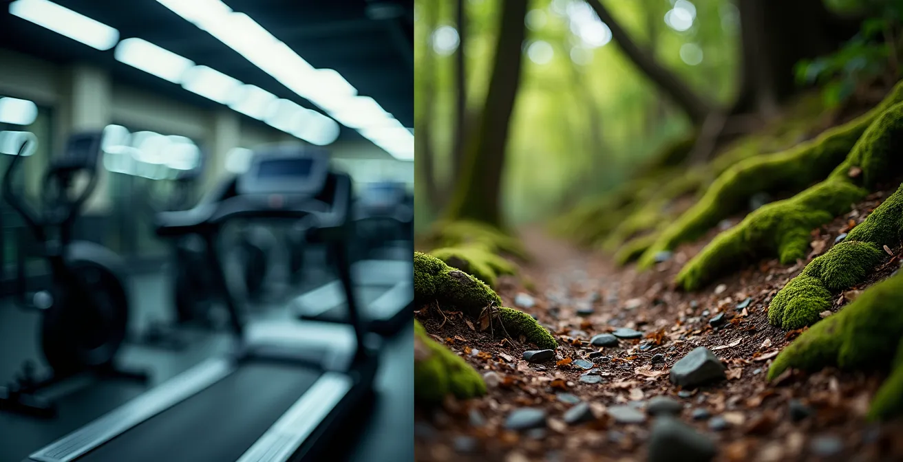 Split-Screen Vergleich zwischen Laufband im Studio und natürlichem Waldpfad