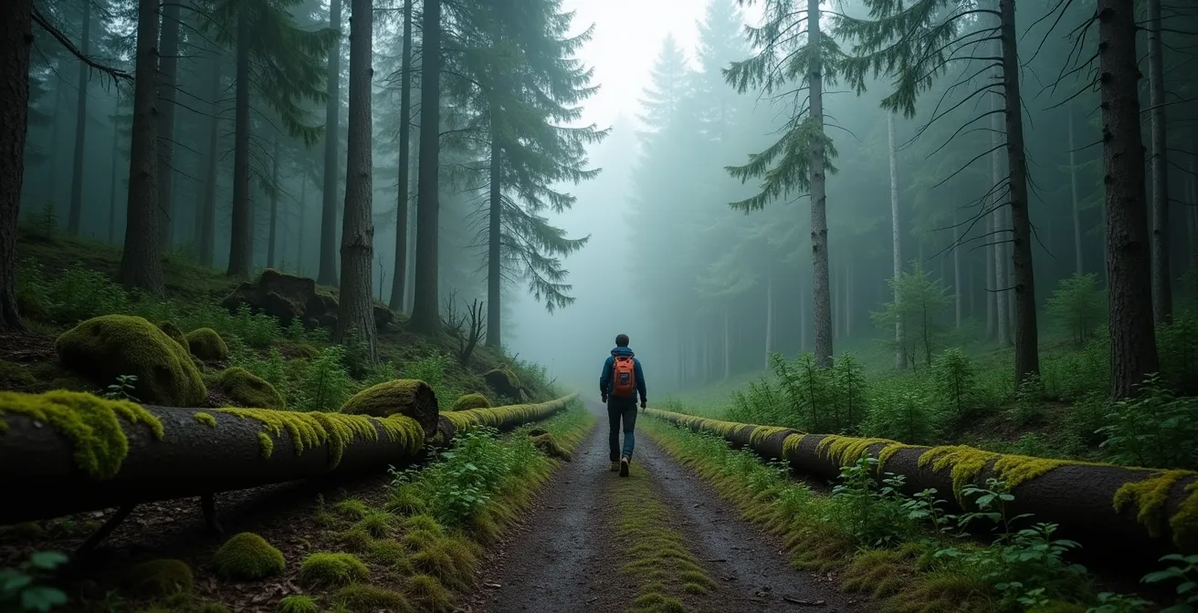 Rückansicht eines Wanderers vor dichtem Unterholz wo der Pfad verschwindet