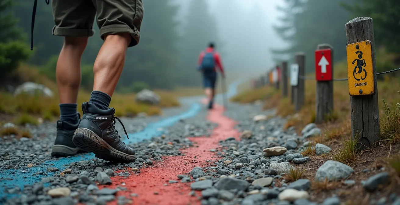 Vergleich von drei Alpenwegen mit unterschiedlichen Schwierigkeitsmarkierungen: ein einfacher Schotterweg, ein steiniger Pfad und eine steile, gesicherte Passage.