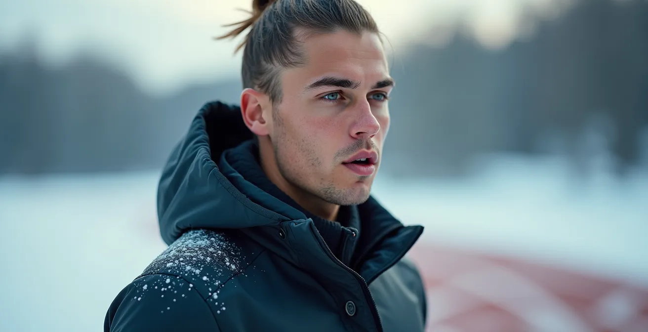 Sprinter beim Aufwärmen mit Funktionskleidung im Winter