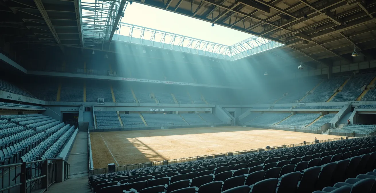 Leeres Stadion mit ungenutzten Sitzreihen symbolisiert mangelnde Nachnutzungskonzepte
