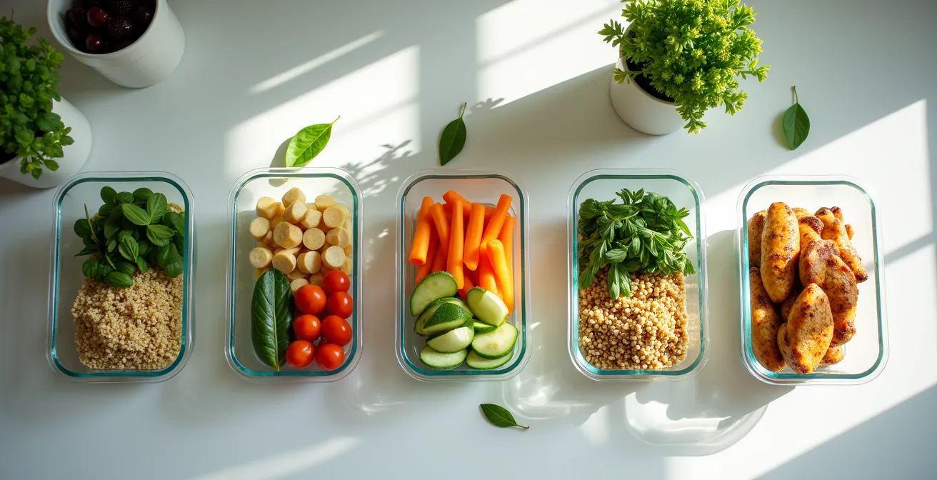 Übersichtliche Meal-Prep-Container in deutscher Küche arrangiert
