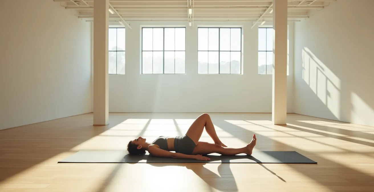 Athlet in Yoga Nidra Position in ruhiger Umgebung