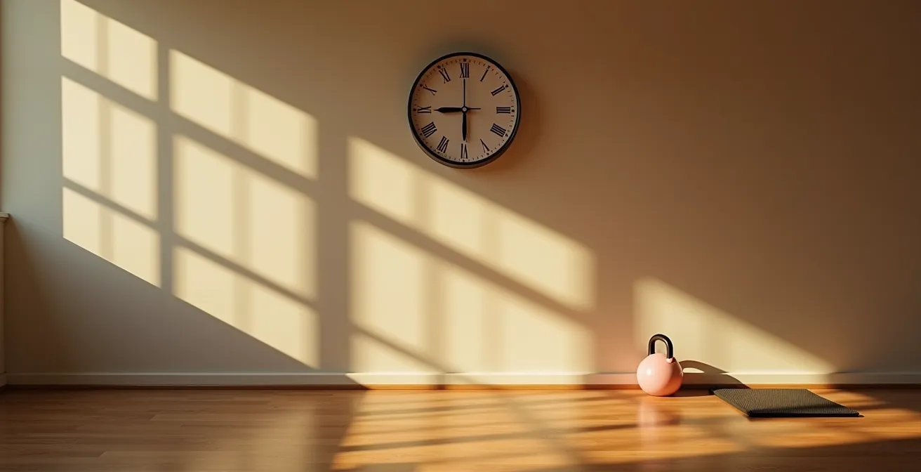 Weitwinkelaufnahme eines minimalistischen Trainingsraums mit einer großen Uhr an der Wand, die den Fokus auf die Zeit legt